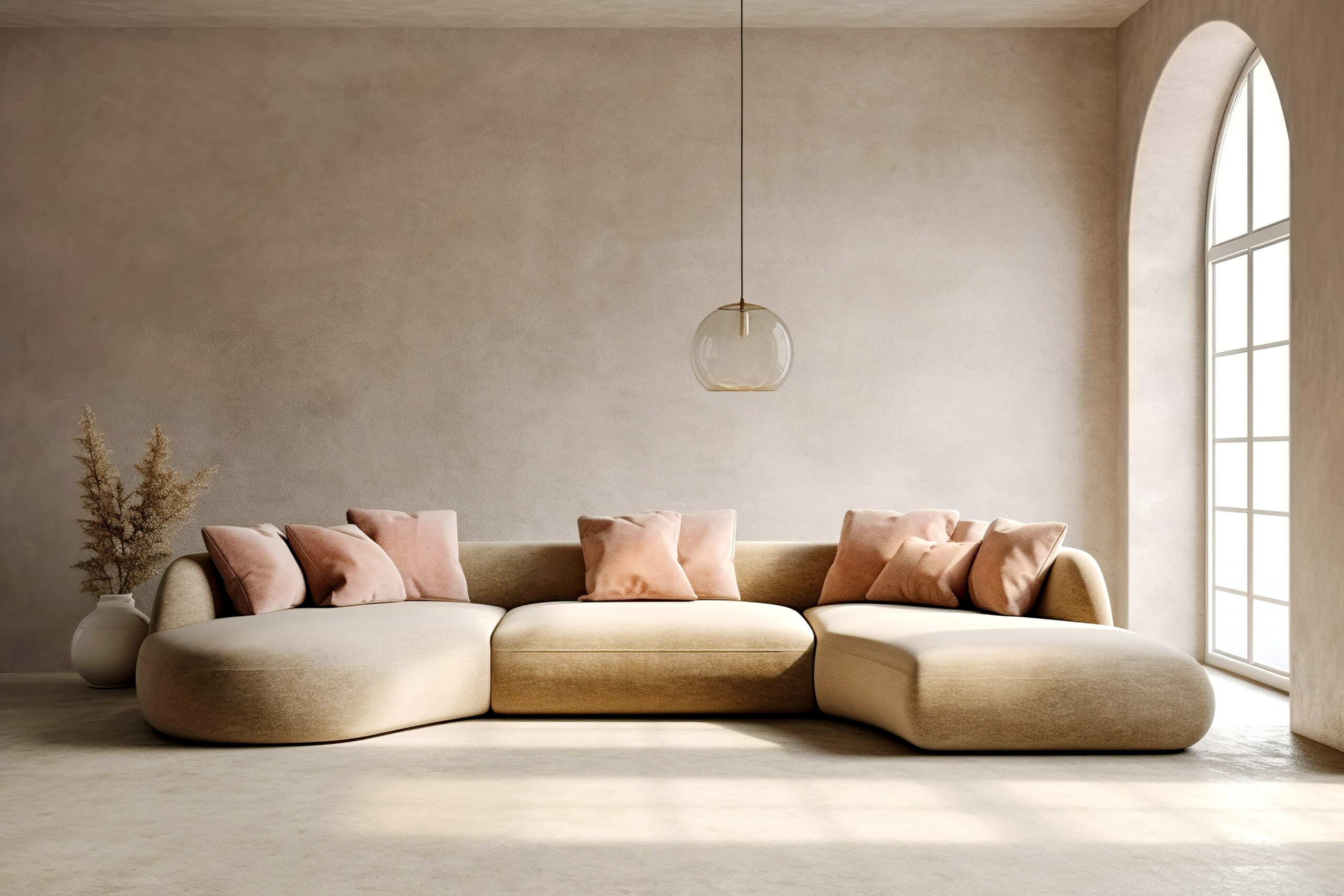 loft home interior design of modern living room. beige sofa with terra cotta pillows against arched window near stucco wall with copy space.